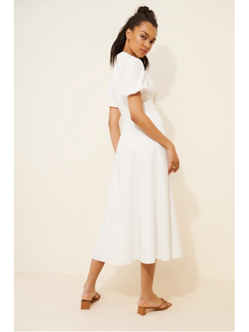 Women's Hutch White Puff Sleeve Twist Front Collared Midi Dress Size 0 - Picture 2 of 9